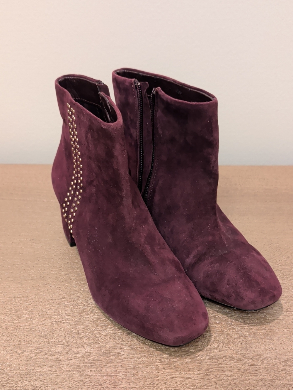 White House Black Market Plum Suede Ankle Boots with Stud Accents